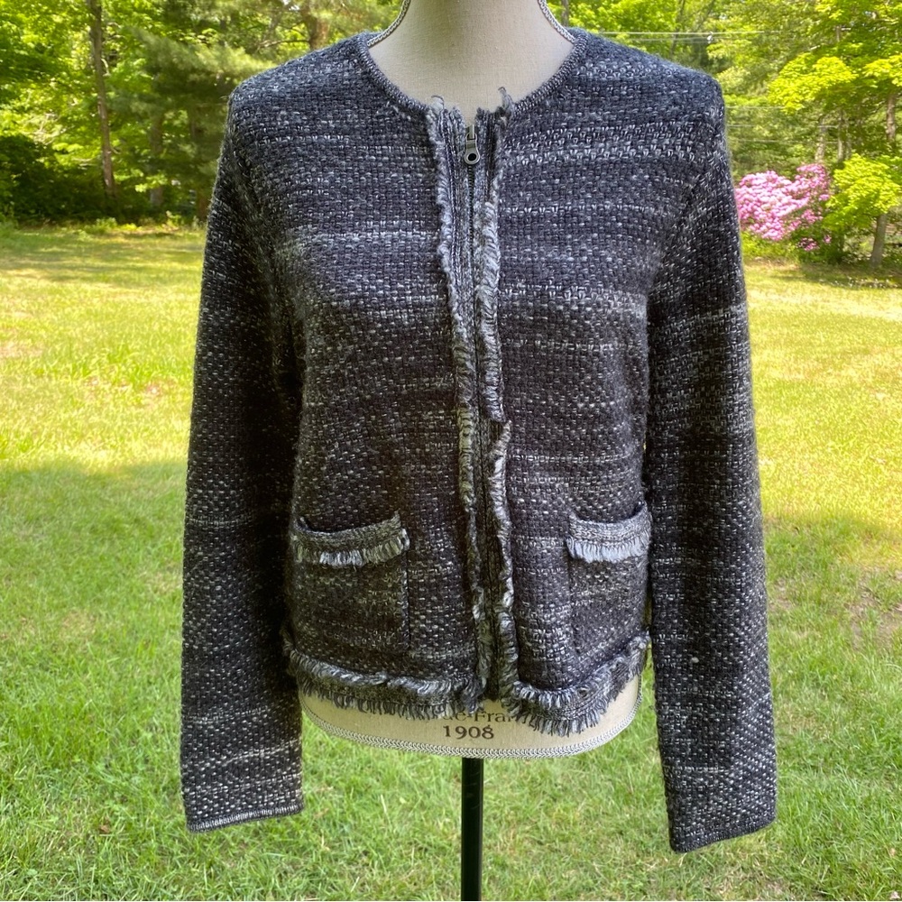 JOIE SWEATER CARDIGAN ZIPPER BLACK GRAY MARLED FRINGE POCKETS LONG SLEEVE Size M